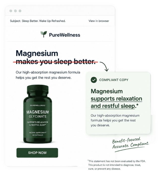 An email headline reading “Magnesium makes you sleep better” struck through, beside a compliant rewrite: “Magnesium supports relaxation and restful sleep”, with the FDA disclaimer below.